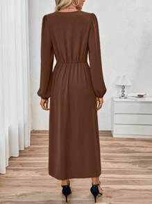 Calvaya 女士优雅纯色扭纹细节前开衩连衣裙，秋季长款女装秋季服装 - 棕色 - 查看 2