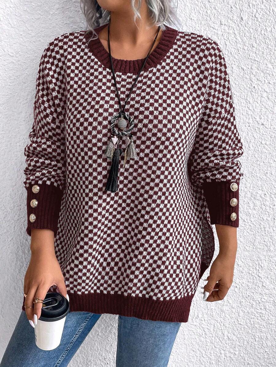 Plus Size Casual Checkerboard Pattern Side Slit Dropped Shoulder Loose Knit Sweater, Autumn/Winter Knit Pullover Fall - Multicolor - View 1