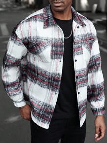 Manfinity Homme Men's Stylish Casual Black, White, And Red Color Block Plaid Jacket With Front Chest Pocket Design, Perfect For Autumn And Winter INS Fashion, Fall And Winter Men, Flannel Colorful Graphic Overcoat, For Friends, Husband, Boyfriend Gifts - Multicolor - View 4