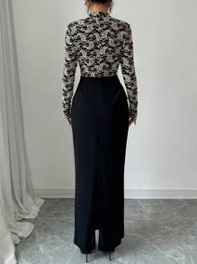 Modelyn Đầm midi dáng ôm bó sát cổ chữ thập màu đen tương phản thanh lịch dành cho nữ, tay dài, cài nút phía trước, xẻ tà viền, thu/đông - màu đen - Xem 2