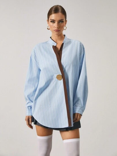 Athîral Women Blue Striped Splice Brown Metal Cuff Oblique Placket Long Sleeve Long Shirt