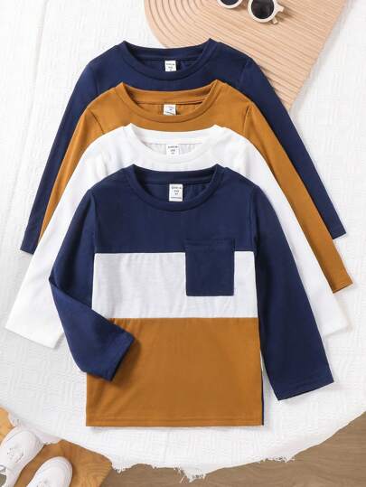 SHEIN Set de 4 camisetas de manga larga de cuello redondo con bloques de unicolor y de contraste para niño, estilo universitario casual, cómodo para usar en múltiples ocasiones en primavera, verano, otoño e invierno, adecuado para la escuela, reuniones, vacaciones, Navidad y Año Nuevo