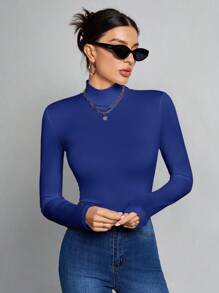 SHEIN Tall Simple Solid Color Slim High Collar White Top Suitable For Autumn And Winter - Royal Blue - View 3