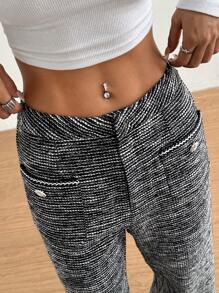 SHEIN Unity 1 Piece Black&White Woollen Wide-Leg Pants,Women's Autumn Elegant Office Casual Long Trousers With Patch Pockets,Decorative Buttons Low Waist Cloth - Black and White - View 3