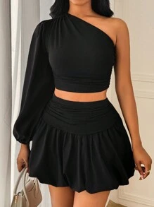 VaVaBold 2pcs Set Black Ruched Puff Sleeve Top And Mini Ruffle Hem Skirt Fall Cloth For Women - Black - View 3