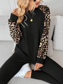 Easowa 2 件套女士冬季新款街头豹纹拼布圆领长袖运动衫和紧身裤休闲套装 - 黑色 - 查看 6