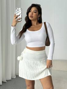 Flirla Plus Size Casual Fuzzy Drawstring Knitted Skirt, Autumn/Winter - Apricot - View 4