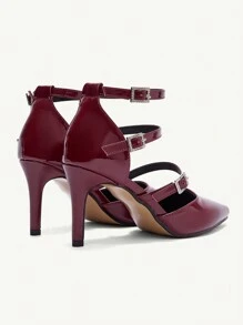 CUCCOO CHICEST Pointed Toe Hollow Out Stiletto Metal Buckle High Heel Sandals - Burgundy - View 3