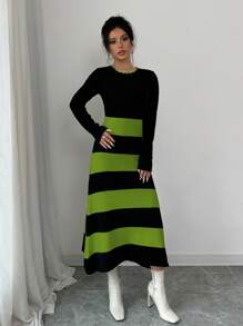 Elenzga Vestido de suéter tejido con bloque de color y rayas sencillas para mujer - Verde - Ver 5