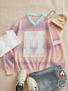 Manfinity Hypemode Men's V-Neck Letter Print Long Sleeve Casual Knit Sweater, Autumn/Winter