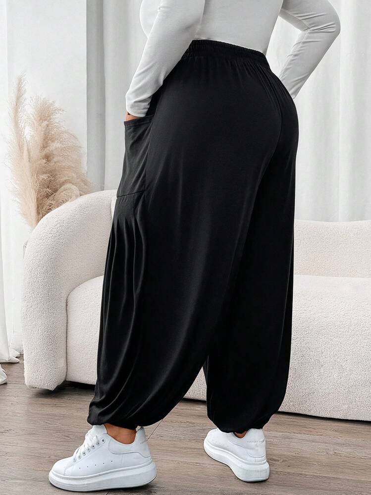 SHEIN CURVE+ Plus Size Black Loose Knit Long Women Jogger Pants - Black - View 2