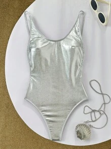 Swim SXY Đồ bơi liền thân hở lưng họa tiết kim loại trơn mùa hè gợi cảm cho nữ - Bạc - Xem 3