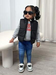 SHEIN 3pcs/Set Baby Girl Cute Black Fleece Vest Jacket, Letter Print Hoodie And Elastic Waist Pants For Autumn/Winter - Black - View 2