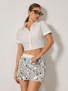 SHEIN Unity Váy bó sát mini đính sequin trang trí cho nữ, thời trang mùa hè, váy bạc, váy ánh kim, trang phục công sở quyến rũ - Bạc - Xem 4