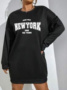 Flirla New York, True, Young Print Crew Neck Long Sleeve Plus Size Women Sweatshirt Dress For Autumn/Winter - Black - View 1