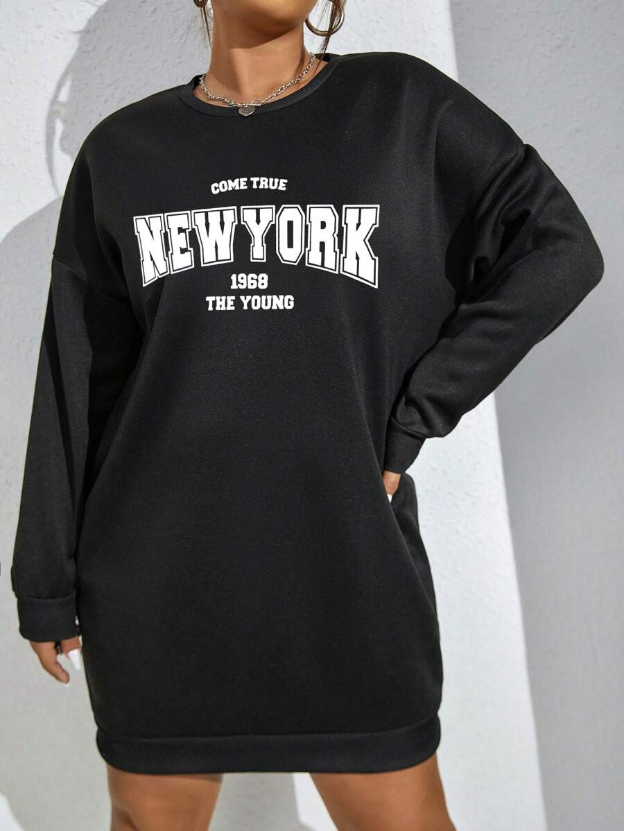 Flirla New York, True, Young Print Crew Neck Long Sleeve Plus Size Women Sweatshirt Dress For Autumn/Winter - Black - View 1