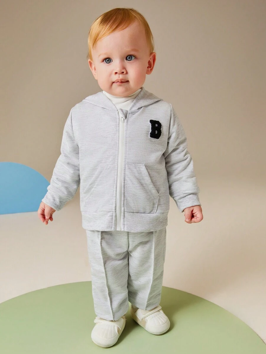 SHEIN 2pcs/Set Baby Boy Neutral Casual All-Match Minimalist Letter B Embroidered Patch Hoodie Jacket And Pants Set, Suitable For In Autumn/Winter - Grey - View 1