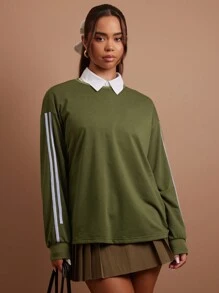 COSMINA 橄榄绿条纹女式运动衫，秋冬 - 軍綠色 - 查看 6