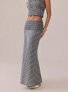 SHEIN SXY 秋冬休闲复古百搭灰白格子不对称半身裙 - 彩色 - 查看 3