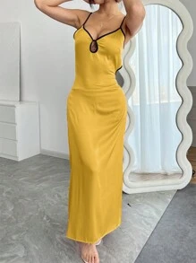 INAWLY 女士拼色饰边细肩带镂空简约修身长款休闲连衣裙 - 金色 - 查看 5