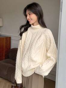 DAZY Women's Turtleneck Loose Fit Cable Knit Pullover Sweater,Fall Women Clothes - Beige - View 6