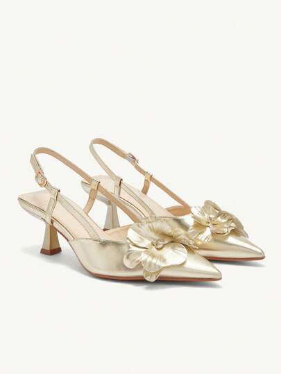 CUCCOO CHICEST Women's Pointed Toe Floral Mid Heel Pumps, Elegant Romantic Classic Gold Faux Leather Hollow Out High Heels, Suitable For Dates And Parties Spring Shoes Spring Break Easter Prom Heels For Christmas Elegant Shoes Wedding Shoes