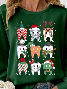 SHEIN LUNE 大码女式圣诞牙齿印花圆领长袖卫衣，适合秋冬季节穿着。 - 綠色 - 查看 5