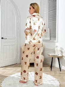 Bộ đồ ngủ nữ cổ bẻ in hình gấu lụa giả, trang phục thu đông ấm áp và thanh lịch - Màu be - Xem 2