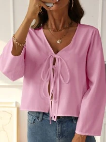 INAWLY Plus Size V-Neck Front Tie Casual Long Sleeve Shirt - Pink - View 1
