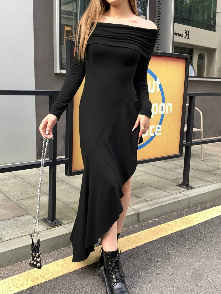 INAWLY Women's Elegant Solid Color Off Shoulder Ruffle Hem Asymmetric Dress, Autumn - Black - View 1