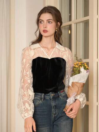 Simple Retro Women's Autumn And Winter Casual V-Neck Apricot Mesh Jacquard Hit Black Velvet Bubble Sleeve Elegant Retro Shirt