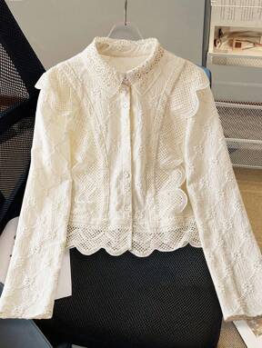 Franclia Women's Lace Trim French Collar Button Front Long Sleeve Blouse Women Shirt Lace Shirtwhite Young Girls Blouses Fall Cloth For Women