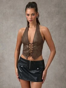 SHEIN BAE Women's Solid Color Halter Backless Lace Up Sexy Camisole Top Summer Black Corset Top Halloween Clothes Fall Women Clothes Winter Tops Y2k Clothes Front Center Strap Hollow Washed PU Texture Bra