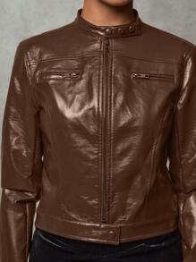 SHEIN BAE Women Jackets Burgundy Winter Leather Women Jacket Women Coat Fall Women Outfits Zipper Decorated Texture Vintage Burgundy PU Women's Jacket Winter Thickened Warm Jacket Cropped Leather Jacket - Brown - View 6