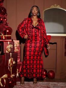 SHEIN SXY Conjunto de 2 piezas para mujer de talla grande: blusa de punto con encaje en contraste de cuadros rojos y negros con estampado de corazones, adecuada para otoño e invierno, fiesta de Nochebuena, cita, cumpleaños, despedida de soltera, look casual y bonito, fácil de combinar, resalta la figura