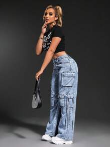 SHEIN SXY 休闲水洗多口袋直筒工装牛仔裤