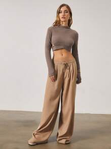 SHEIN Unity Women Brown Turtleneck Cropped Hollow-Out Long Sleeve Warm Tight Knitted Sweater, Winter - Dusty Purple - View 3