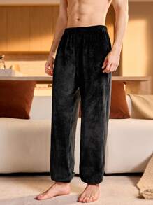 Pantalones de estar por casa de hombre de unicolor con cintura elástica de felpa, para otoño e invierno, esponjosos