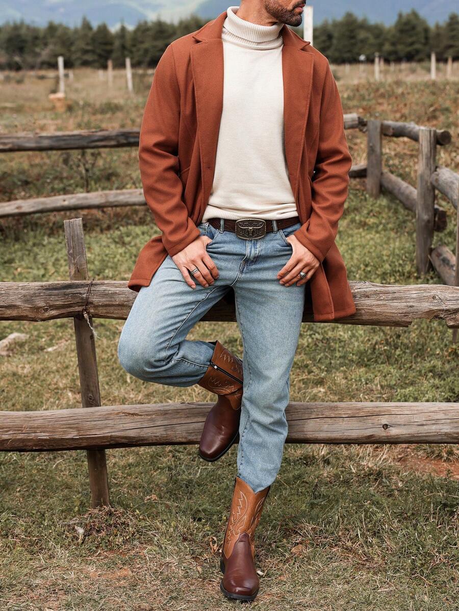 Manfinity Homme 男士休闲日常翻领大衣，秋季外出大衣，适合朋友、丈夫、男朋友的礼物 - 鏽棕色 - 查看 1