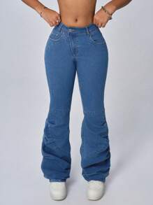 INAWLY Women Casual Overlap Low Waist Stretch Flare Leg Jeans Skinny Flared Jeans - Medium Wash - View 1