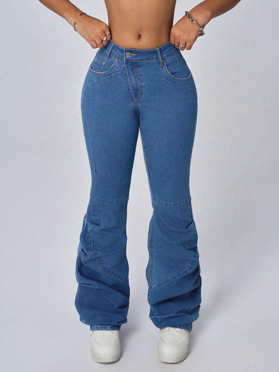 INAWLY Women Casual Overlap Low Waist Stretch Flare Leg Jeans Skinny Flared Jeans - Medium Wash - View 1