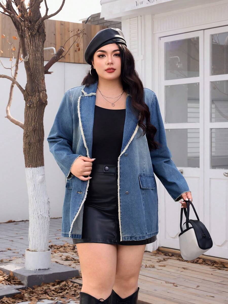 SHEIN EZwear Áo khoác denim giữ nhiệt giặt nước, sờn rách cỡ lớn, quần áo Giáng sinh cho nữ, lễ Tạ ơn cho nữ, mùa thu, mùa đông - Rửa nhẹ - Xem 1