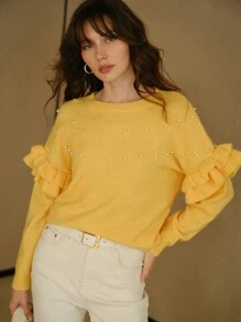 MOTF STUDIO SOLID LAYERED RUFFLE TRIM FAUX PEARL SWEATER - Yellow - View 4