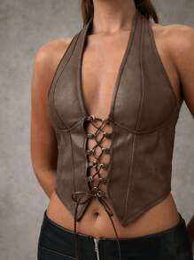 SHEIN BAE Women's Solid Color Halter Backless Lace Up Sexy Camisole Top Summer Black Corset Top Halloween Clothes Fall Women Clothes Winter Tops Y2k Clothes Front Center Strap Hollow Washed PU Texture Bra