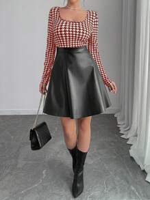 Chiquease Women's Autumn Fashion Splicing Houndstooth Pattern Waist Cinched Dress - Brown - View 4