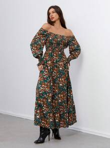 SHEIN Tall Women's Floral Square Neck Bubble Long-Sleeved Waist A-Hem Dress