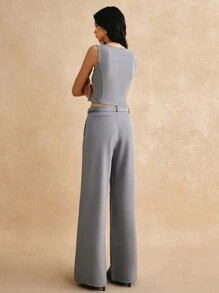 Poéselle 女式两件套西装，不对称背心和可调节扣西装裤，配有装饰腰带和口袋，灰色西装，女式西装，女式休闲纯色背心和裤子西装两件套两件套，灰色，轻松别致必备 - 灰色 - 查看 3