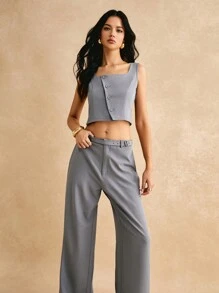 Poéselle 女式两件套西装，不对称背心和可调节扣西装裤，配有装饰腰带和口袋，灰色西装，女式西装，女式休闲纯色背心和裤子西装两件套两件套，灰色，轻松别致必备 - 灰色 - 查看 4