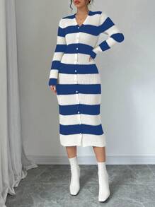 SHEIN LUNE 女式 V 领条纹印花前纽扣长袖针织毛衣连衣裙 - 藍白色 - 查看 5