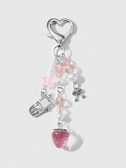 Kawaii 1 pezzo Raffinato e carino Stile accademico minimalista argento catena finto perla e cristallo tondo sfera stelle fragola arco ciondolo telefono portachiavi ciondolo borsa, adatto per le donne, uso quotidiano, regalo per vacanze e San Valentino